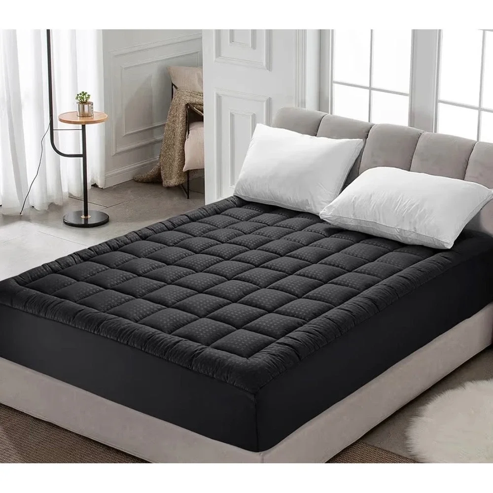 Black Quilted Mattress Topper Deep Pocket Fitted Bed Cover Plush Cushion Pad